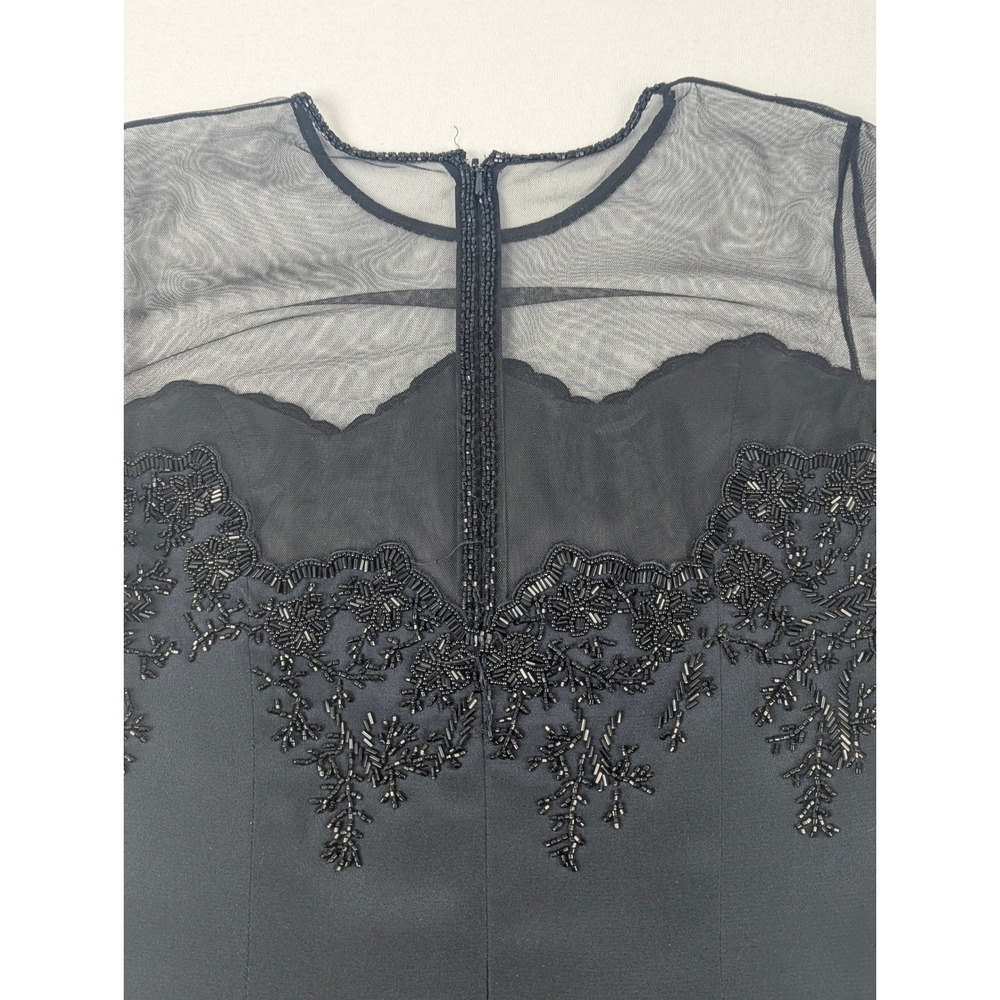 Oleg Cassini Black Tie Silk Beaded Illusion Dress Black Long Sleeve Size 8 - Picture 5 of 16
